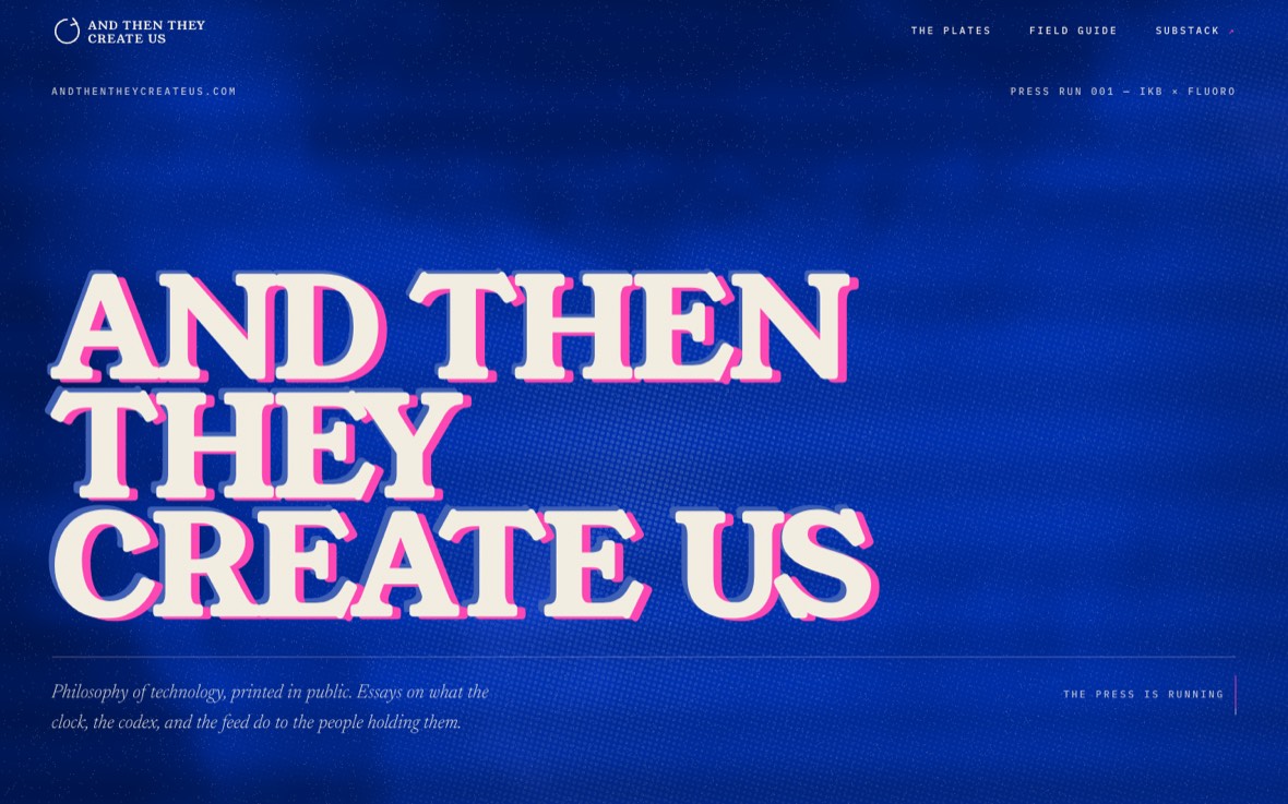 The And Then They Create Us website, Klein blue ink on warm paper