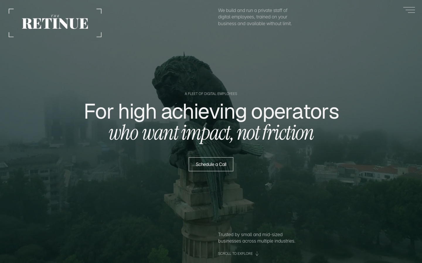 The Retinue website, quiet serif typography on a pale ground