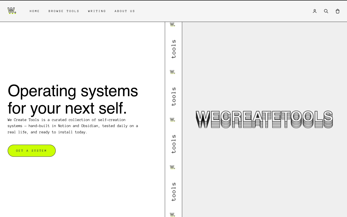 The We Create Tools website, white cards with black borders on a pale ground